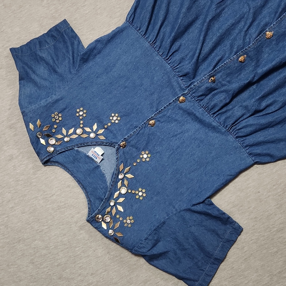 Vintage Plus Size Bedazzled Denim Jean Short Sleeved Midi Maxi Babydoll Dress